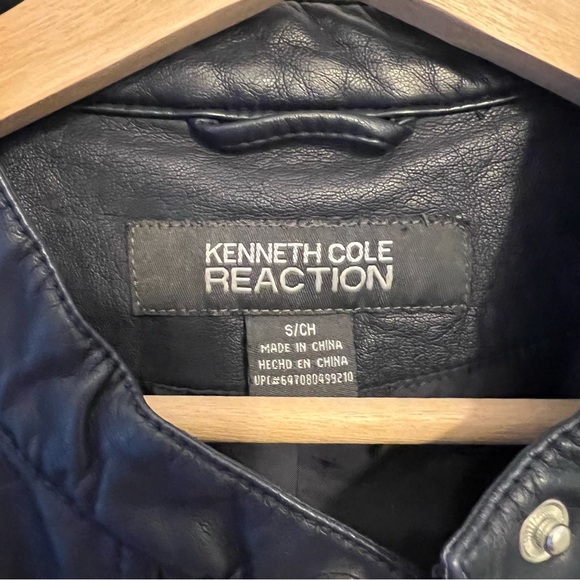 Kenneth Cole Reaction Faux Leather Jacket Zippered Pockets Navy Size Small - Picture 3 of 4